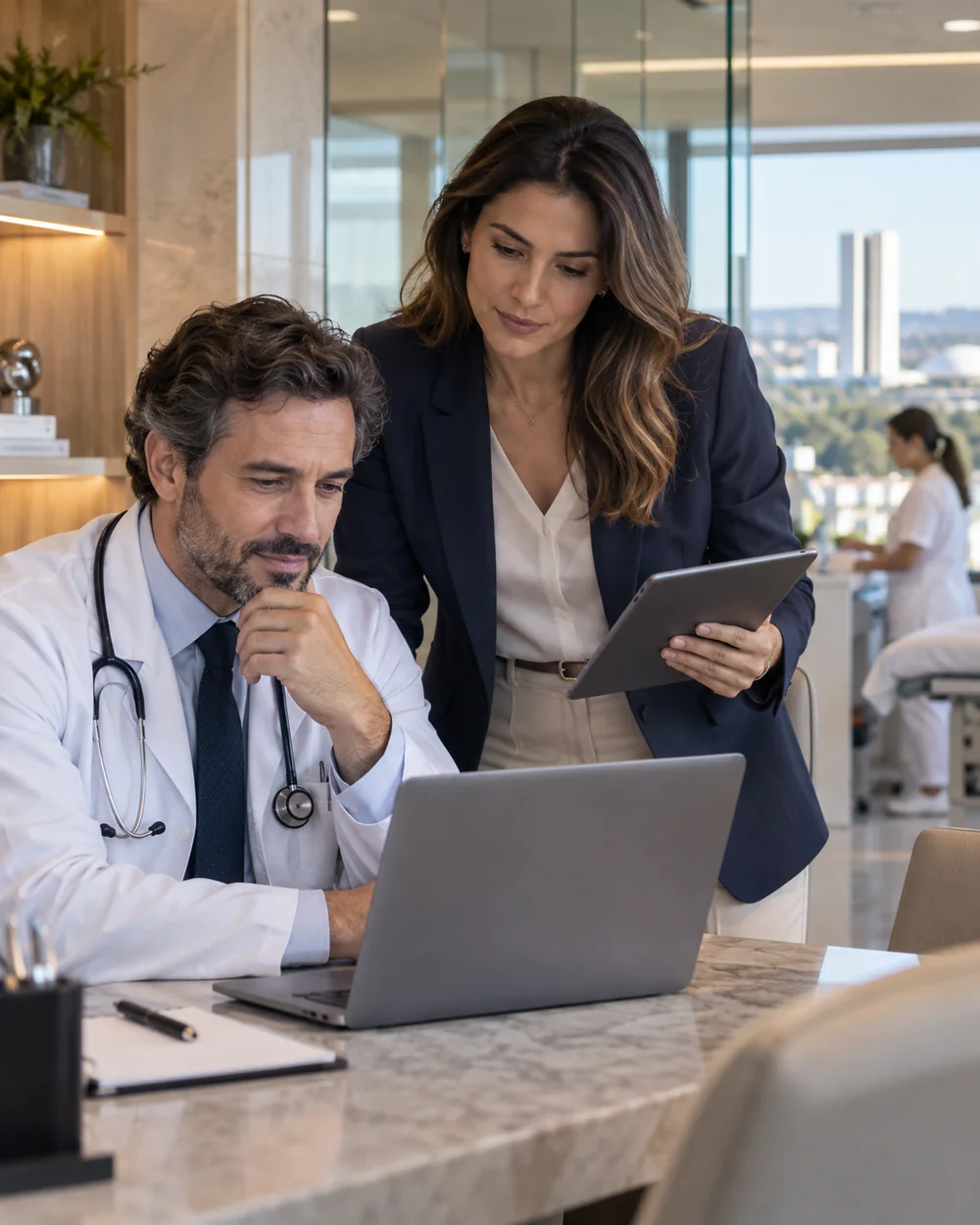 Gestora e médico analisando a operação da clínica